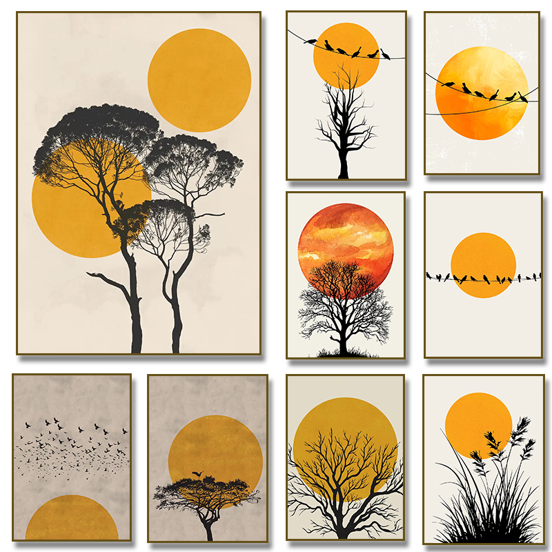 Home Decor Yellow - Тысячи птиц на фоне солнца, постер,